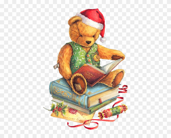 Christmas Teddy Bear With Santa Hat And Books Png Clipart ...