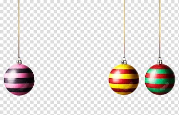 Christmas, three assorted-color hanging Christmas baubles transparent background PNG clipart