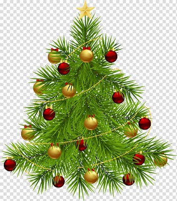 Christmas tree New Year tree , Christmas Tree with Ornaments, green christmas tree with red and yellow baubles illustration transparent background PNG clipart