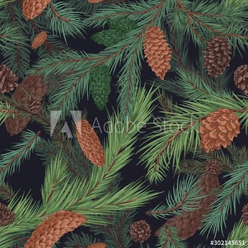 Christmas tree with brown cones hand drawn seamless pattern