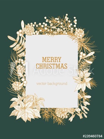 Christmas vertical background decorated by branches and cones of coniferous trees, berries and leaves of winter holiday plants hand drawn with contour lines