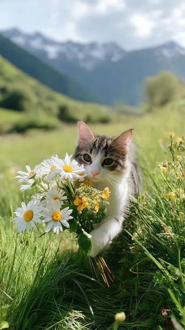 Chubby Cat with Bouquet of Daisies in Lush Landscape Chubby Cat with Bouquet of Daisies in Lush Landscape