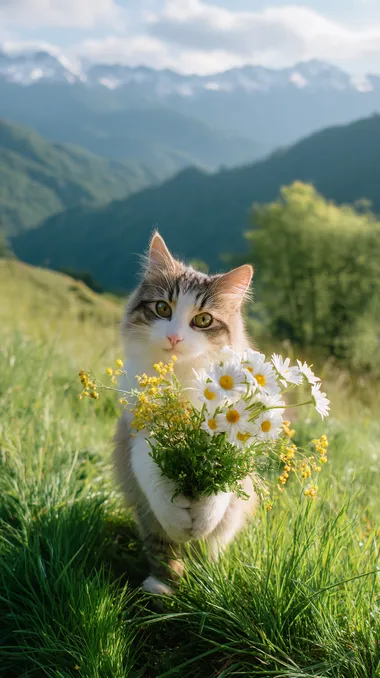 Chubby Cat with Daisies in Lush Green Landscape Chubby Cat with Daisies in Lush Green Landscape