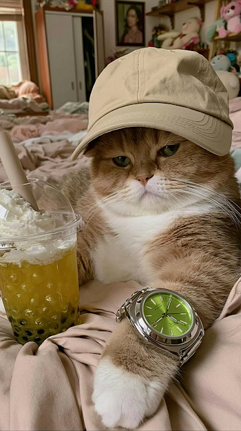 Chubby Tabby Cat Relaxing with Bubble Tea