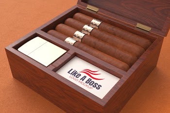 Cigar and zippo and name card in wood box