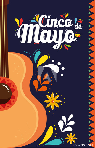 cinco de mayo poster with guitar and decoration design