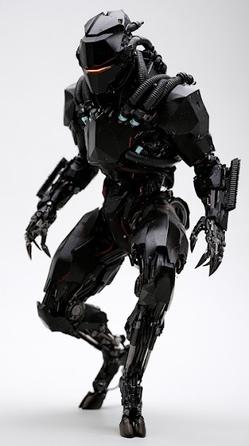 Cinematic Cyberpunk Biomechanical Hunter in Combat Ready Stance