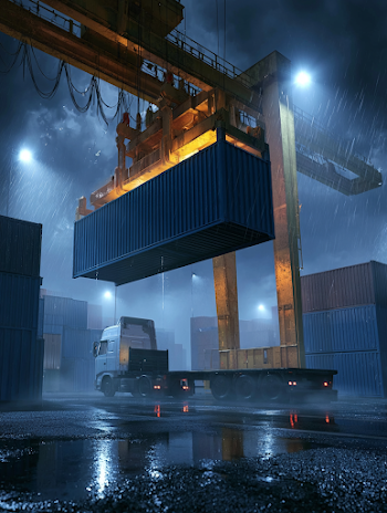 Cinematic Night View of Industrial Port with Crane and Shipping Container