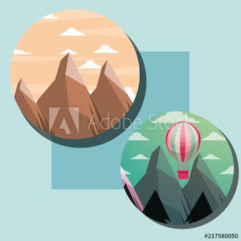 circles colors r5ocks high clouds hot air balloon vector illustration