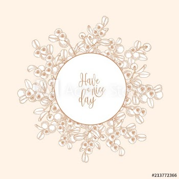Circular backdrop or wreath made of lingonberries hand drawn with contour lines on light background