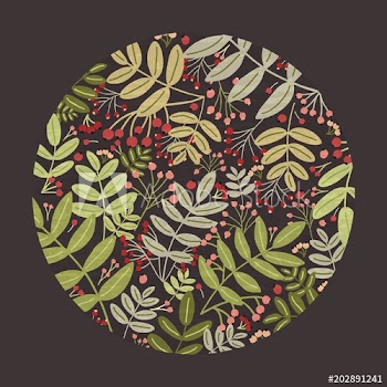 Circular design element, round decoration or backdrop composed of gorgeous rowan tree branches with red berries and leaves on black background