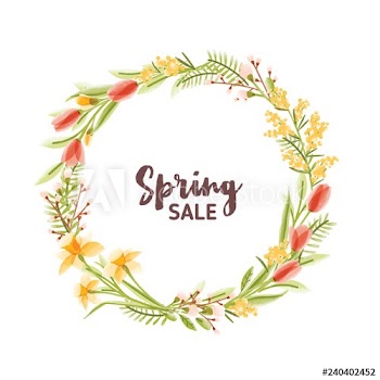 Circular frame or wreath made of colorful blooming seasonal garden flowers leaves and Spring Sale lettering inside