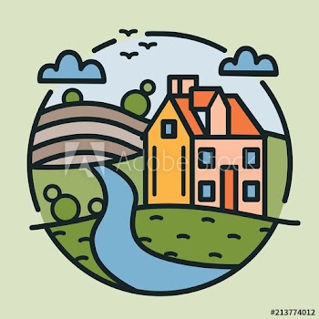 Circular logotype with farmhouse, hills covered with cultivated fields and river drawn in lineart style