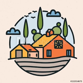 Circular logotype with village landscape, barn or ranch building and cultivated field in linear style
