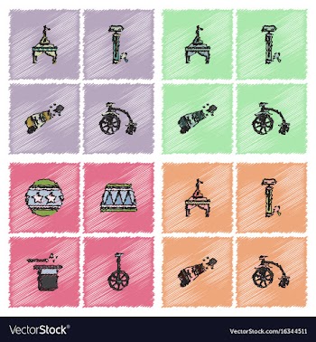 Circus equipment icons in hatching style vector image