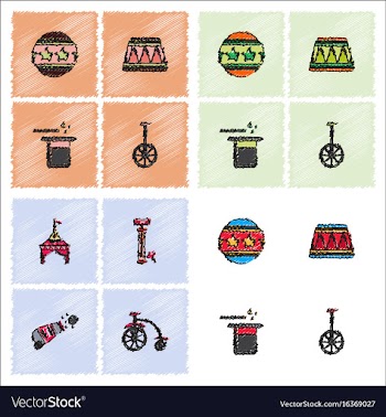 Circus equipment icons in hatching style vector image