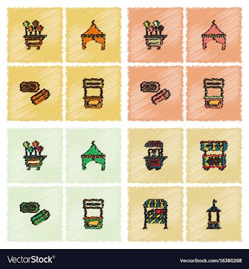 Circus equipment icons in hatching style vector image