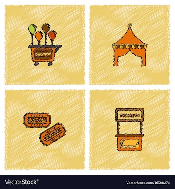 Circus equipment icons in hatching style vector image