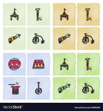 Circus equipment icons in hatching style vector image