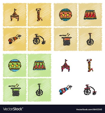 Circus equipment icons in hatching style vector image