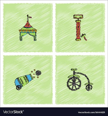 Circus equipment icons in hatching style vector image