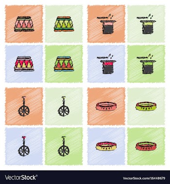 Circus equipment icons in hatching style vector image