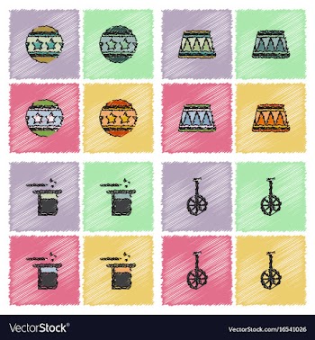 Circus equipment icons in hatching style vector image