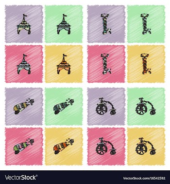 Circus equipment icons in hatching style vector image