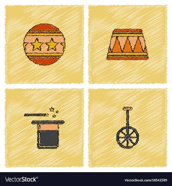 Circus equipment icons in hatching style vector image