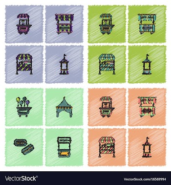 Circus equipment icons in hatching style vector image