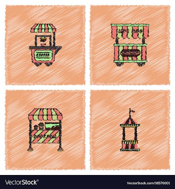 Circus equipment icons in hatching style vector image