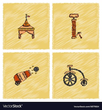 Circus equipment icons in hatching style vector image