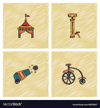 Circus equipment icons in hatching style vector image
