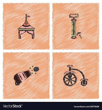 Circus equipment icons in hatching style vector image