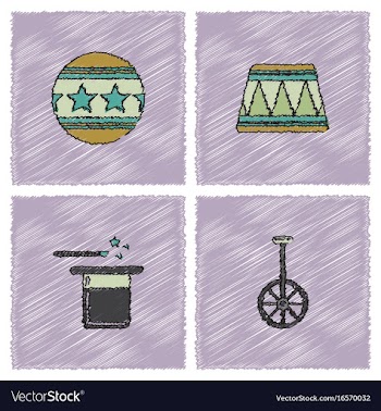 Circus equipment icons in hatching style vector image