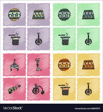 Circus equipment icons in hatching style vector image