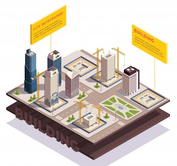 City skyscrapers isometric composition with images of sliced ground layers with modern tall buildings under construction vector illustration Free Vector