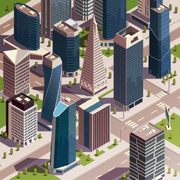 City skyscrapers isometric composition with realistic view of modern city block with tall buildings and towers vector illustration Free Vector