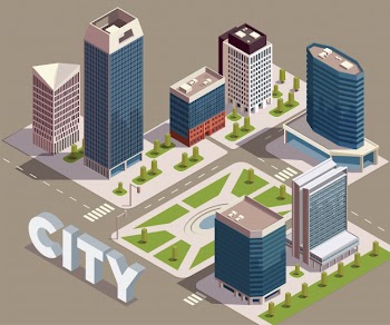 City skyscrapers isometric composition with view of city block with modern tall buildings streets and text vector illustration Free Vector