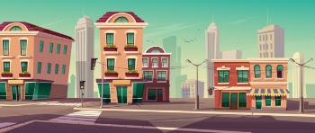 City street with houses and road Free Vector