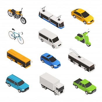 City transport isometric icon set with different isolated taxi bus bike motorcycle trolley bus pickup vector illustration Free Vector