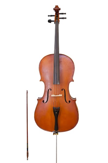 classical string musical instrument cello with bow isolated on white background
