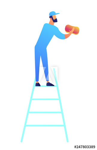 Cleaner standing on the ladder and washing with sponge vector illustration