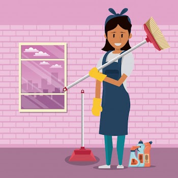 Cleaner with cleaning products housekeeping service Free Vector