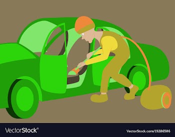 Cleaning car interior worker making use of vector image