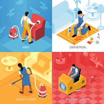 Cleaning service concept isometric set with industrial residential flooring polishing carpets refreshing stains removing isolated vector illustration Free Vector