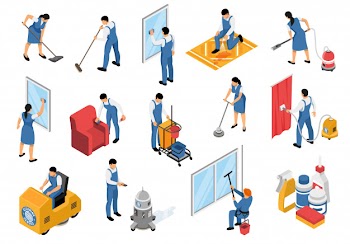 Cleaning service isometric icons set with professional industrial vacuuming furniture carpets refreshing stain removing isolated vector illustration Free Vector