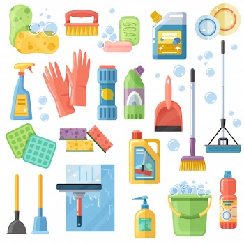 Cleaning suppliestools flat icons set Free Vector