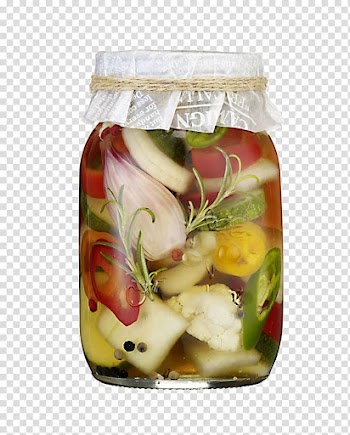 Clear glass jar with vegetables, Pickling Giardiniera Vegetable Chinese pickles, A jar of pickles transparent background PNG clipart