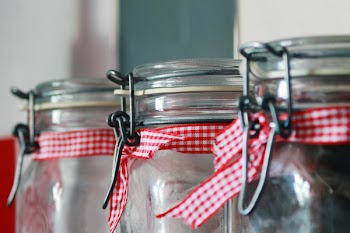 Clear Glass Mason Jar With Red White Ribbon